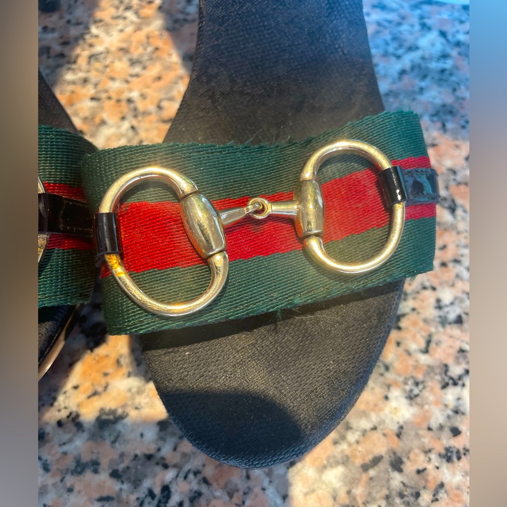 AUTHENTIC Gucci Horsebit Web Stripe Kitten Heel Mules